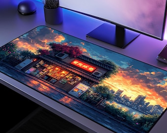 Alfombrilla de escritorio de anime lo-fi, tienda de barrio japonesa, paisaje urbano al atardecer, alfombrilla de ratón extendida