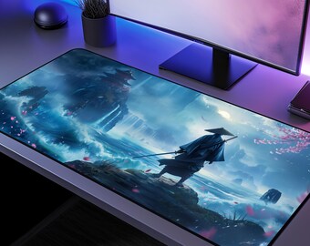 Japanische Samurai Schreibtischmatte, Anime Fantasy Art Große Schreibtischunterlage, Kirschblüten Mondschein Krieger erweiterte Mauspad