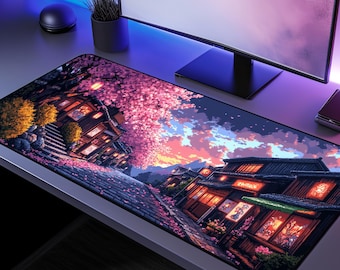 Alfombrilla de escritorio japonesa con diseño de pixel art, atardecer en un pueblo de cerezos en flor, alfombrilla de ratón XL con estética retro para videojuegos, decoración acogedora de estilo lo-fi para el escritorio.