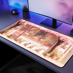 Kawaii Cat Cherry Blossom Desk Mat, Pastel Anime Cat Café Mousepad, Cozy Gaming Setup