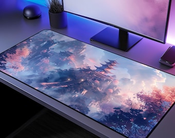 Tappetino da scrivania con paesaggio fantastico di ciliegi in fiore giapponesi, tappetino estetico viola pastello, decorazione accogliente per la postazione PC, accessorio da scrivania kawaii