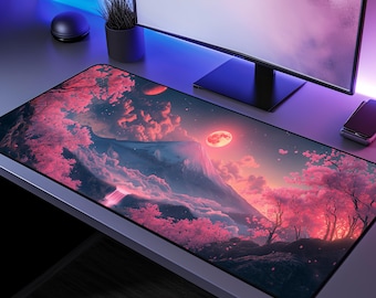 Alfombrilla de escritorio de fantasía japonesa, paisaje de cerezos en flor con luna de sangre rosa, alfombrilla de ratón XL con diseño de anime, accesorio de escritorio vibrante en rosa y morado