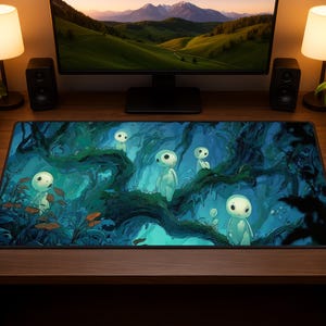 May include: A rectangular mousepad featuring a fantasy forest scene with glowing, white spirit-like creatures. The artwork is set against a backdrop of deep blues and greens, with detailed tree branches and foliage.
