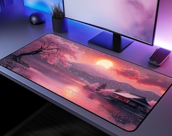 Alfombrilla de escritorio Ukiyo-e, paisaje del Monte Fuji con flores de cerezo Sakura.