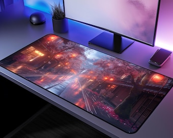 Alfombrilla de escritorio de anime japonés: Alfombrilla de ratón grande Lo-Fi Sakura Night Alley