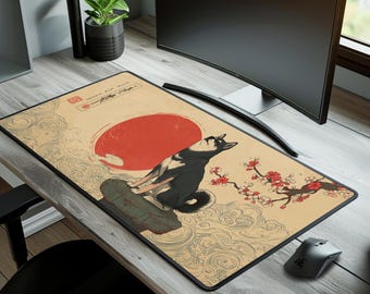 Shiba Inu Schreibtischmatte, erweitertes japanisches Mauspad, ästhetischer Sonnenaufgang Kirschblüte, Gefechtsstation Dekor, traditionelles Sumi-e Pad