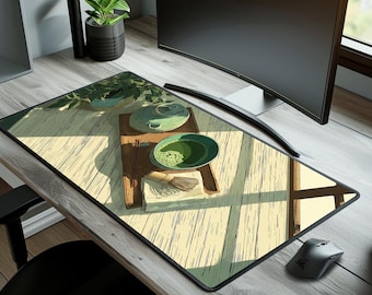 Alfombra de escritorio Matcha japonesa, anime lo-fi, acogedora almohadilla de espacio de trabajo Japandi