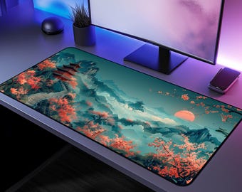 Japanische Pagode Sonnenuntergang Schreibtischmatte, Anime Landschaft Pagode Sonnenuntergang Mousepad, Lo-fi Schreibtisch Einrichtung, Ukiyo-e Berglandschaft Büromatte