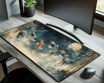 Alfombrilla de escritorio con estampado de peces koi japoneses en acuarela, alfombrilla de ratón grande, protector resistente al agua.