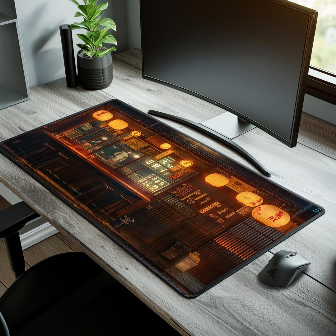 Japanese Ramen Bar Neon Izakaya Desk Mat, Cozy Nighttime Workspace ...