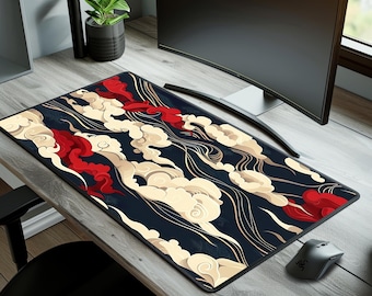 Alfombrilla de escritorio japonesa Ukiyo con diseño de nubes y olas, alfombrilla de ratón para juegos antideslizante con impresión HD.