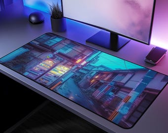 Tokyo Neon Street Desk Mat, Japanese Anime Cyberpunk Vaporwave Mouse Pad