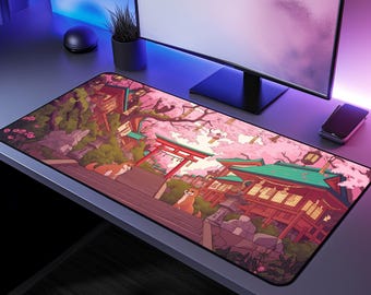 Sakura Shiba Schreibtischmatte, Kirschblüten Gaming Pad, gemütliche japanische Schreibtischdekoration, Kawaii Anime Gamer Set-Up
