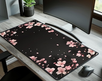 Alfombrilla de escritorio japonesa con estampado floral oscuro, alfombrilla de ratón extendida con estampado de flores de cerezo Sakura Night Bloom.