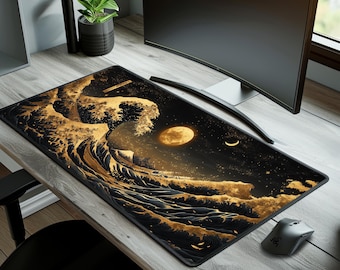 Alfombrilla de escritorio estilo ola japonesa, alfombrilla XL Dark Gold Moonlight, arte para el espacio de trabajo de un jugador de PC.