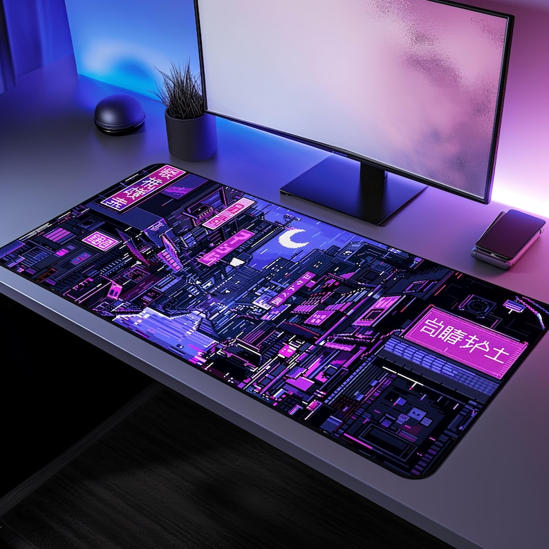 Pixle Computer Setup Cyberpunk Pixel Art Desk Mat, Anime Japanese Street Mouse Pad XL, Lofi ...