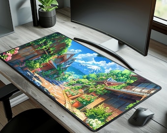 Alfombrilla de escritorio con diseño de pueblo japonés: Alfombrilla de ratón extendida con arte de anime del Monte Fuji – Configuración de espacio de trabajo acogedor