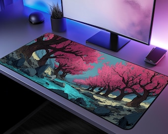 Alfombrilla de escritorio con diseño de flores de cerezo, arte japonés Sakura Stream Art, alfombrilla de ratón para juegos de gran tamaño.
