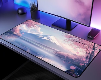 Alfombrilla de escritorio japonesa: Alfombrilla de ratón extendida con paisaje de cerezos en flor del Monte Fuji.