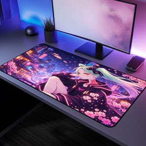 Alfombrilla de escritorio de chica cyberpunk anime, decoración de videojuegos neón