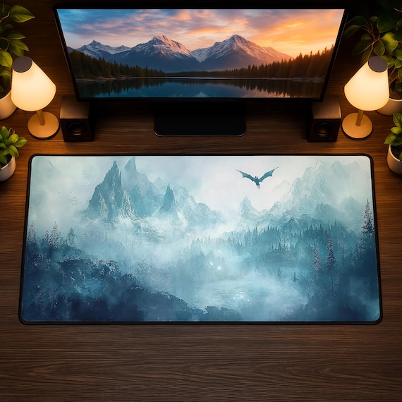 Fantasy Dragon Landscape Gaming Desk Mat, XL Extended Mouse Pad for Gamers, Dragon Desk Pad, Aesthetic Fantasy Desk Setup Accessory