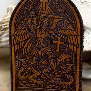 Saint Michael Leather Patch – Archangel Michael Patch – St Michael Protect Us – Christian Tactical Patch – Laser Engraved Leather