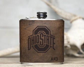 Personalized Ohio State Genuine Leather wrapped flask - alumni gift - college grad gift - custom flask - whiskey lover - buckeyes