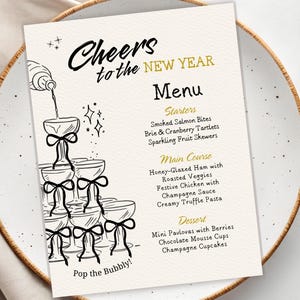 Szablon menu na kolację sylwestrową, eleganckie i przytulne dekoracje na uroczystości (do natychmiastowego pobrania)