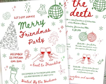 Friendsmas Party Invitation Template |Hand-drawn Christmas Dinner invite | editable Canva Card | instant download
