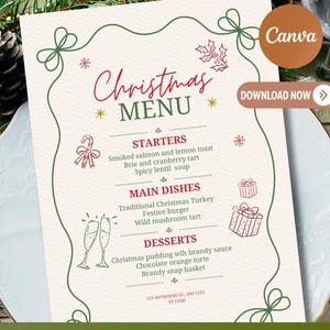 Christmas Dinner Menu Template, Elegant Cozi Decoration for Family Celebration, Instant Download