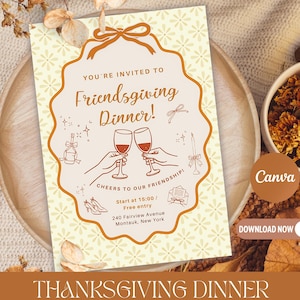 Plantilla de invitación para cena de Acción de Gracias con amigos / Plantilla editable de Canva / Invitación para cena compartida de Acción de Gracias / Diseño acogedor de calabaza otoñal