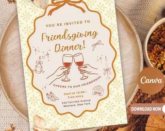 Friendsgiving Invitation Template| Editable Canva Template | Thanksgiving Potluck Invite | Cozy Fall Pumpkin Design