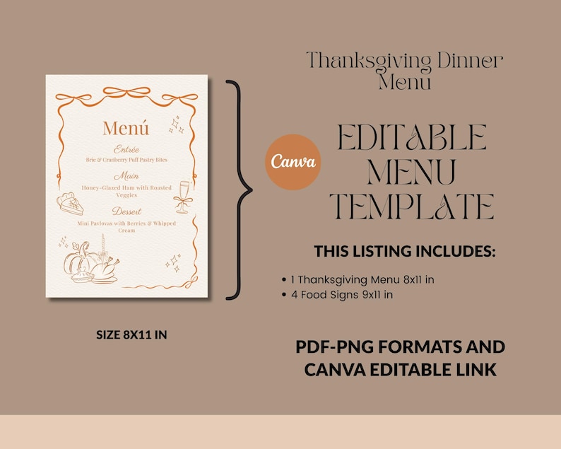 Thanksgiving Dinner Menu Template, Elegant Autumn Decoration for Family ...
