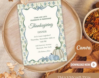 Friendsgiving Dinner Invitation |Holiday cards gratitude| Editable Canva Template | Warm Thanksgiving Invite