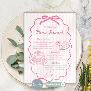 Può includere: Un menu brunch per la festa della mamma rosa e bianco su un piatto bianco, con verde e un bicchiere. Il menu presenta un fiocco, un bordo decorativo e un elenco di piatti. Il logo Canva e un pulsante di download sono in basso.