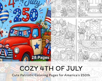 Pagine da colorare accoglienti per il 4 luglio, un simpatico libro da colorare patriottico stampabile per il 250° anniversario dell'America (download digitale).