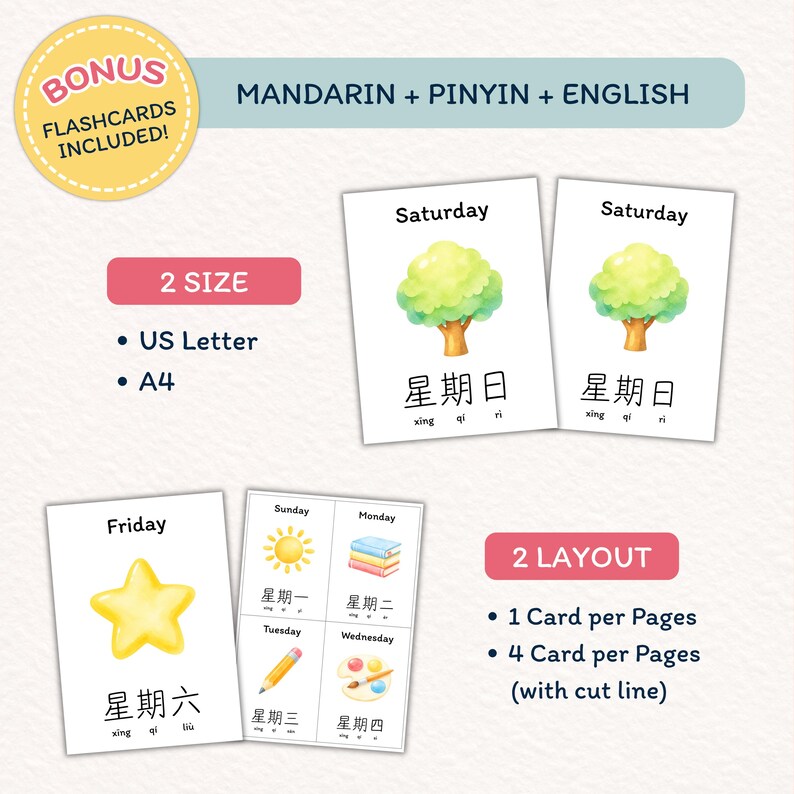 Chinese Days of the Week for Kids Printable Poster Flashcards, Learn ...