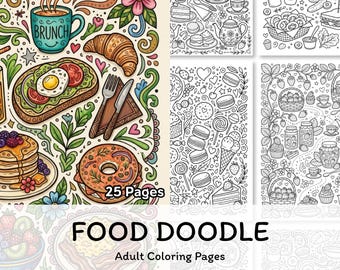 Pagine da colorare a tema cibo in formato PDF stampabile, accogliente libro da colorare per adulti con cibo e dessert, simpatico pacchetto di download digitale.