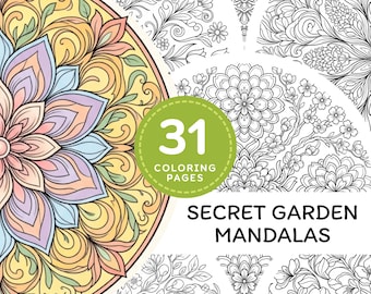 Pagine da colorare di mandala del giardino segreto stampabili in PDF, libro di mandala floreali, fogli da colorare rilassanti per adulti da scaricare in formato digitale.