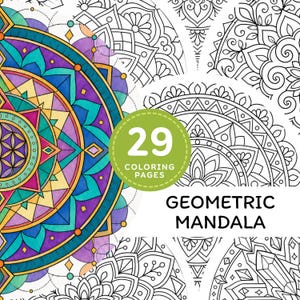 May include: A collection of 29 coloring pages featuring geometric mandala designs. The image displays a partially colored mandala with vibrant purple, teal, and yellow hues alongside black and white line art patterns and the text 29 COLORING PAGES.