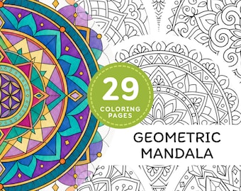 Disegni da colorare di mandala geometrici per adulti in formato PDF stampabile, libro da colorare di geometria sacra, download digitale rilassante.