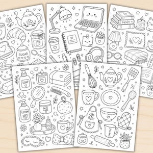 Puede incluir: Una colecci&oacute;n de cinco p&aacute;ginas para colorear con ilustraciones de l&iacute;neas en blanco y negro de art&iacute;culos dom&eacute;sticos acogedores, que incluyen una tetera, un port&aacute;til, libros, productos para el cuidado de la piel, utensilios de cocina y varios elementos decorativos con forma de coraz&oacute;n.