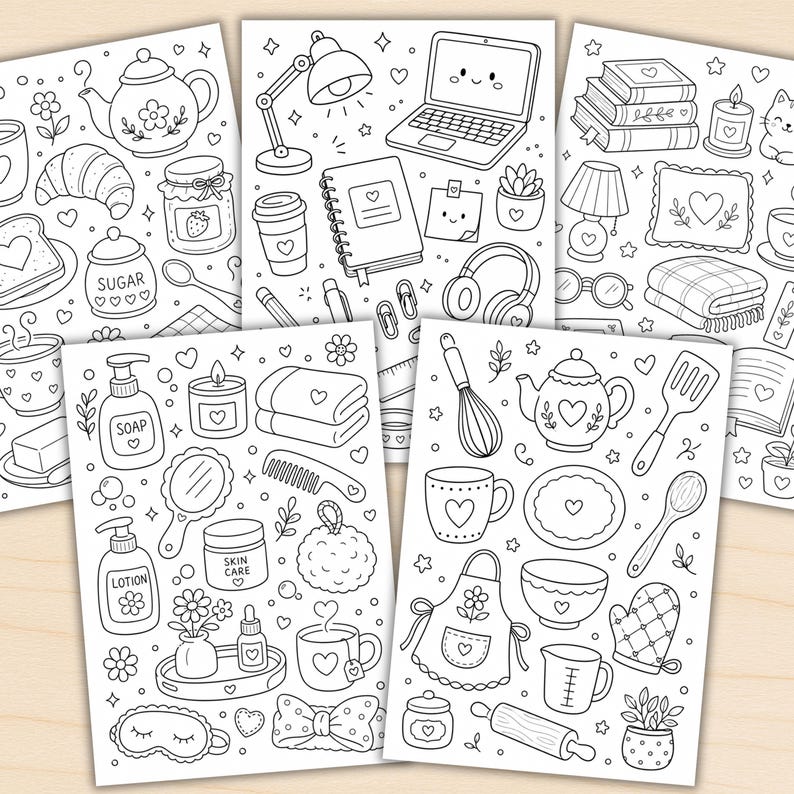 Puede incluir: Una colecci&oacute;n de cinco p&aacute;ginas para colorear con ilustraciones de l&iacute;neas en blanco y negro de art&iacute;culos dom&eacute;sticos acogedores, que incluyen una tetera, un port&aacute;til, libros, productos para el cuidado de la piel, utensilios de cocina y varios elementos decorativos con forma de coraz&oacute;n.