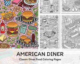 Disegni da colorare di un ristorante americano stampabili, libro da colorare di cibo classico per adulti, download digitale in PDF di fast food