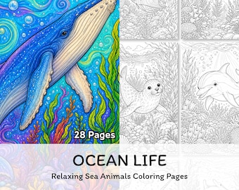 Disegni da colorare di vita oceanica, libro da colorare di animali marini stampabile in PDF, rilassanti disegni da colorare per adulti sulla vita marina, download immediato.