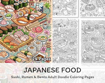 Disegni da colorare di cibo giapponese stampabili, scarabocchi di cibo del mondo, libro da colorare di sushi e ramen in formato digitale (download).