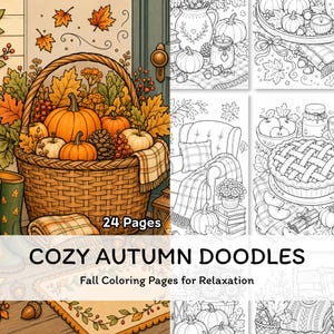May include: A coloring book titled COZY AUTUMN DOODLES with 24 pages featuring fall-themed illustrations. The cover displays a woven basket filled with pumpkins, autumn leaves, and berries, alongside black and white line art of seasonal scenes.