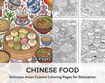 中国料理の塗り絵ページ（印刷可能）、大人向けアジア料理の塗り絵、食べ物の落書き（PDF/PNG形式、即時ダウンロード）