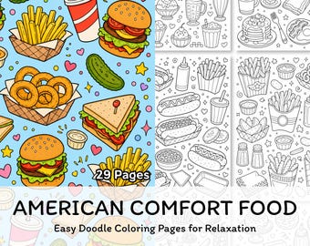Disegni da colorare di cibi americani confortevoli, stampabili, libro da colorare facile con disegni di cibo per adulti, relax immediato, download immediato