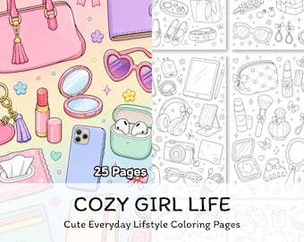 Puede incluir: Un libro para colorear titulado COZY GIRL LIFE Cute Everyday Lifestyle Coloring Pages con 25 páginas. La portada presenta ilustraciones coloridas de un bolso rosa, gafas de sol en forma de corazón, un teléfono inteligente, auriculares y maquillaje.